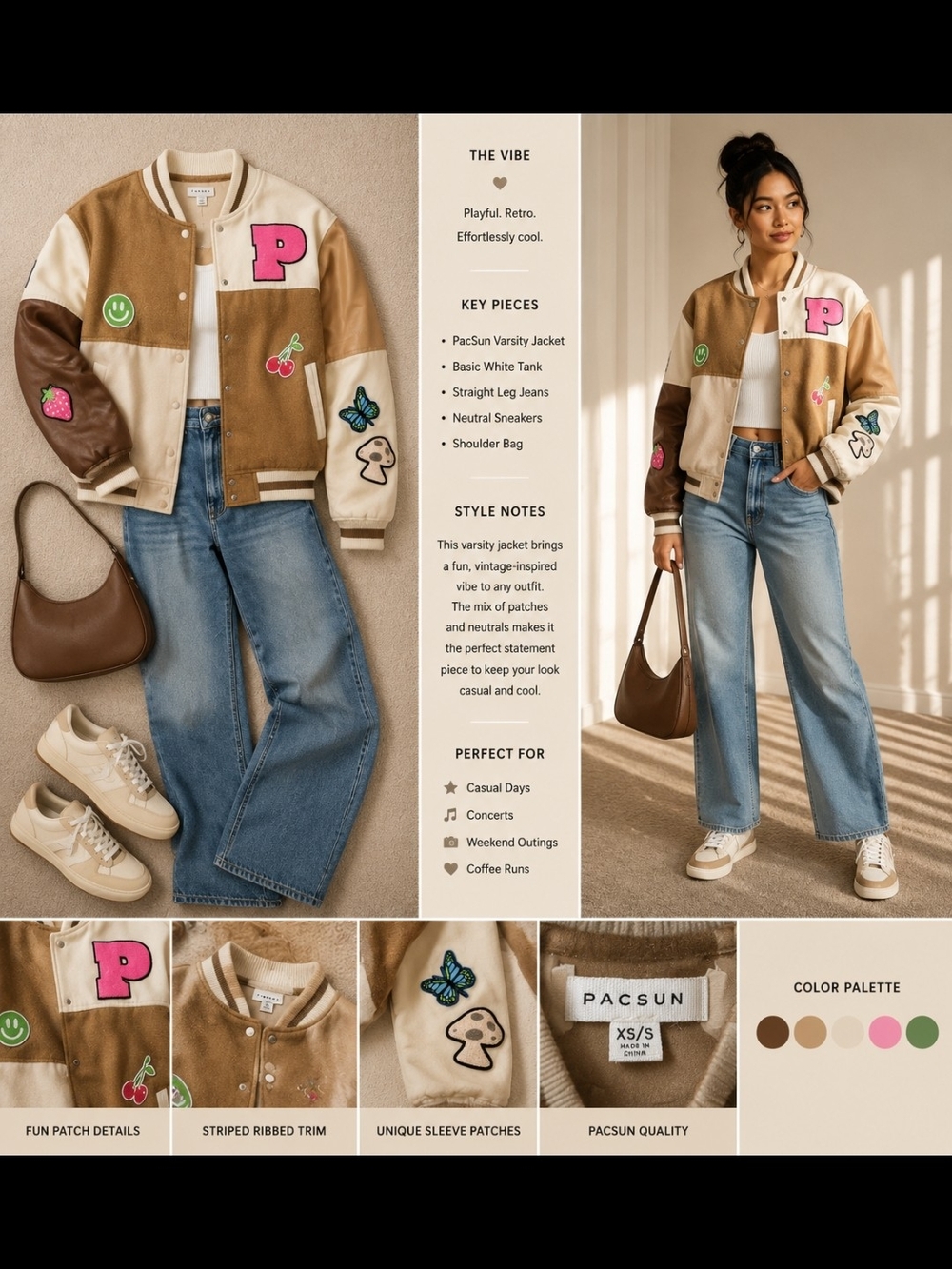 Pacsun Patchwork Varsity Jacket in Tan & Cream